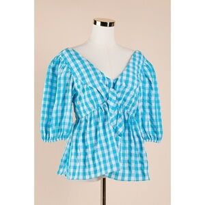 Sz 6 Lilly Pulitzer Sarafina Short Sleeve Turquoise Oasis Crinkle Gingham Top